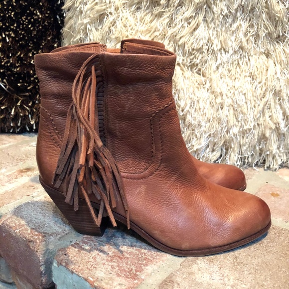 Sam Edelman Shoes - Cognac Leather Fringed Ankle Booties Boots…